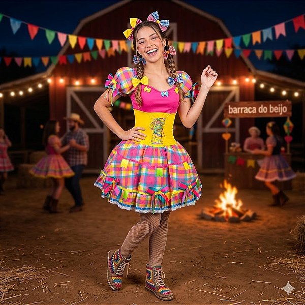 Fantasia Vestido Junino Luxo Trançado com Bandeirinhas Adulto - SOMENTE ALUGUEL