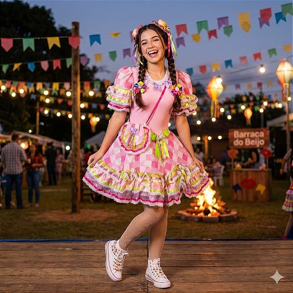 Fantasia Vestido Junino Xadrez Luxo com Bolsa Adulto - SOMENTE ALUGUEL