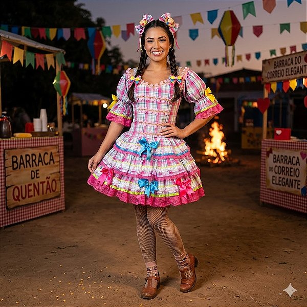 Fantasia Vestido Junino Luxo Xadrez com Alças Adulto - SOMENTE ALUGUEL