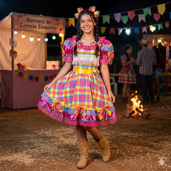 Fantasia Vestido Junino Luxo Xadrez com Laços e Rendas Adulto - SOMENTE ALUGUEL