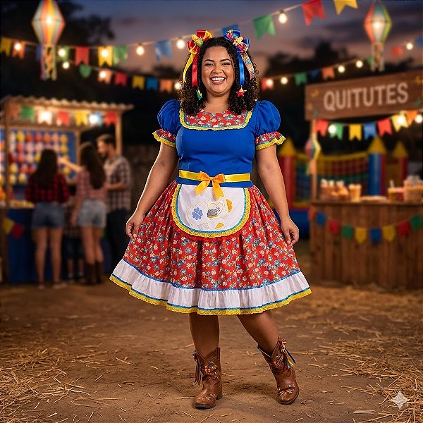 Fantasia Vestido Junino Plus com Avental Adulto - SOMENTE ALUGUEL