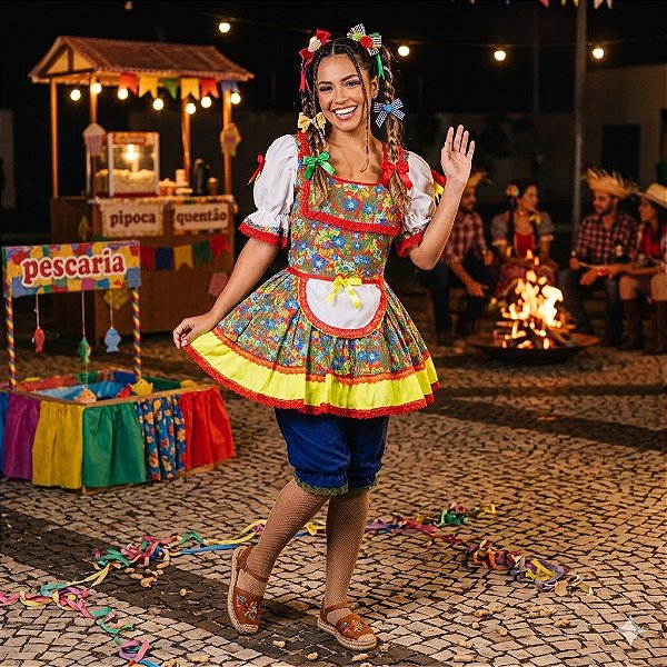 Fantasia Vestido Junino Curto com Avental e Laço Verde Adulto - SOMENTE ALUGUEL