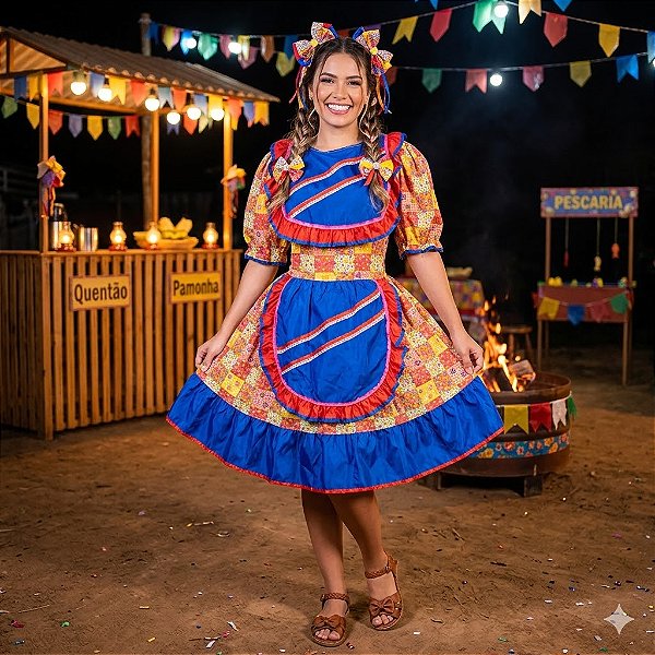 Fantasia Vestido Junino Avental Duplo Adulto - SOMENTE ALUGUEL