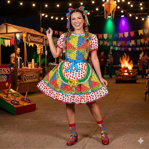 Fantasia Vestido Junino Mosaico com Bolinhas Adulto - SOMENTE ALUGUEL