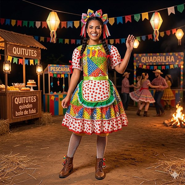 Fantasia Vestido Junino Mosaico com Bolinhas e Laços Adulto - SOMENTE ALUGUEL