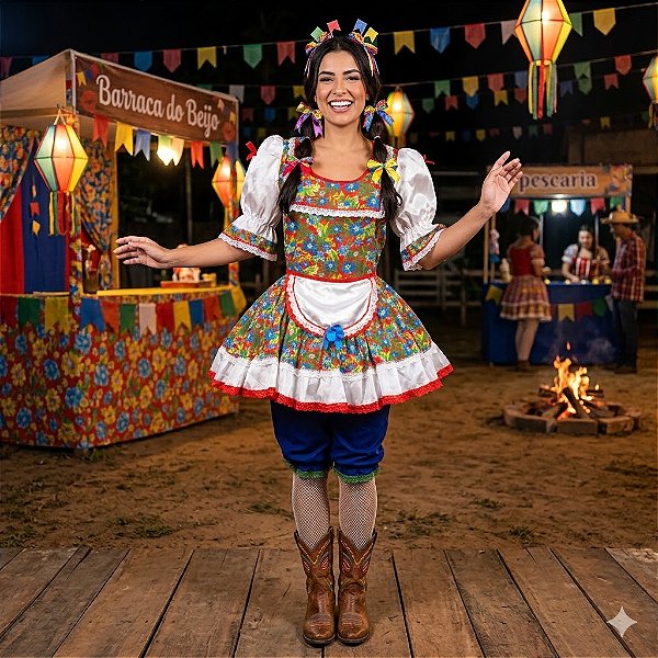 Fantasia Vestido Junino Curto Avental Branco Adulto - SOMENTE ALUGUEL