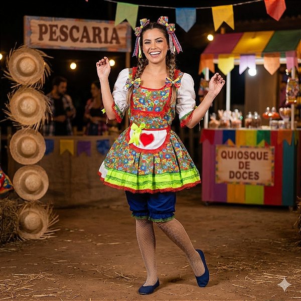 Fantasia Vestido Junino Curto Avental com Coração Adulto - SOMENTE ALUGUEL