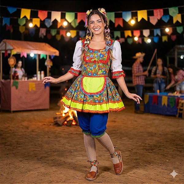 Fantasia Vestido Junino Curto com Avental Neon Adulto - SOMENTE ALUGUEL