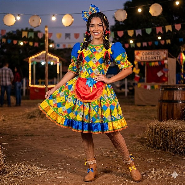 Fantasia Vestido Junino Comprido Caipira Adulto - SOMENTE ALUGUEL