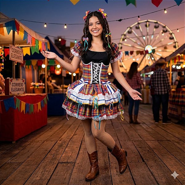 Fantasia Vestido Junino Super Luxo Camila com Corselet Adulto - SOMENTE ALUGUEL