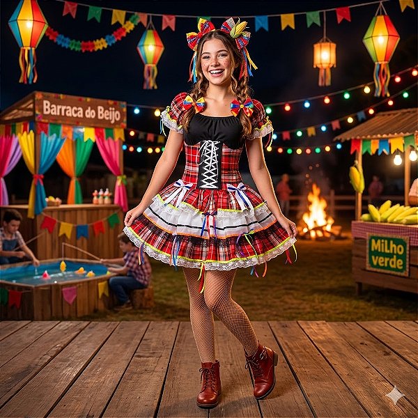 Fantasia Vestido Junino Super Luxo Paola com Corselet Adulto - SOMENTE ALUGUEL
