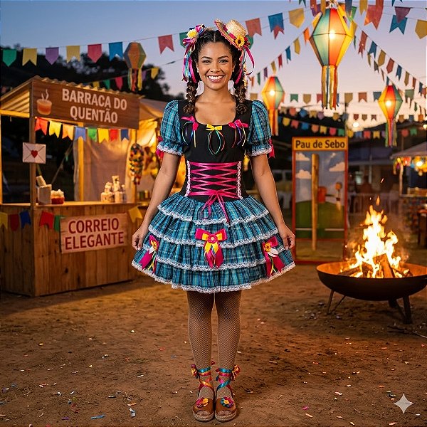 Fantasia Vestido Junino Super Luxo Brenda Trançado Adulto - SOMENTE ALUGUEL