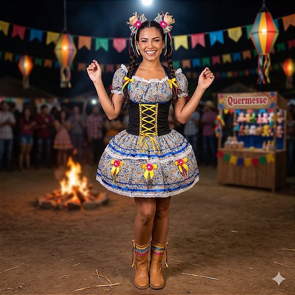 Fantasia Vestido Junino Super Luxo Carina Trançado Adulto - SOMENTE ALUGUEL