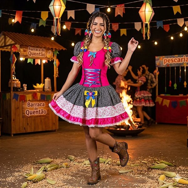 Fantasia Vestido Junino Super Luxo Carolina Trançado Adulto - SOMENTE ALUGUEL