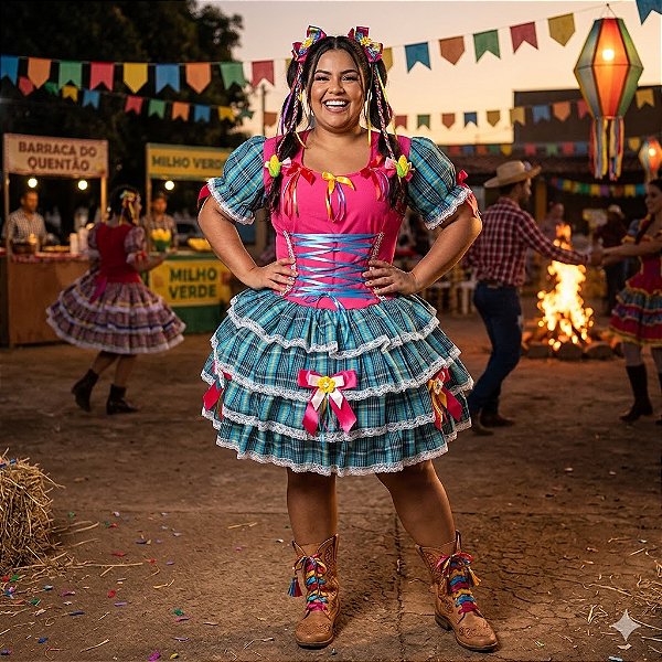 Fantasia Vestido Junino Super Luxo Clara Trançado Adulto - SOMENTE ALUGUEL