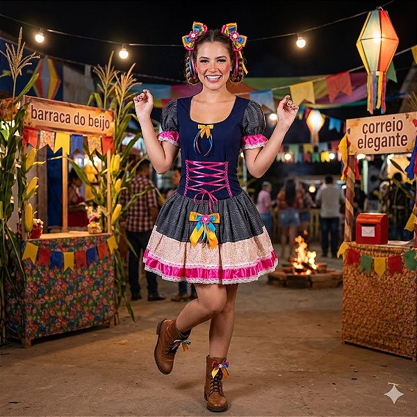 Fantasia Vestido Junino Super Luxo Ellen Trançado Adulto - SOMENTE ALUGUEL