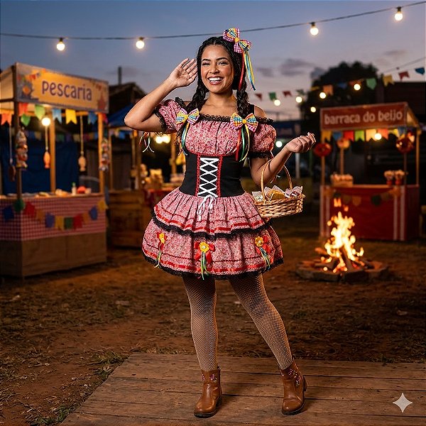 Fantasia Vestido Junino Super Luxo Gabriela Trançado - SOMENTE ALUGUEL