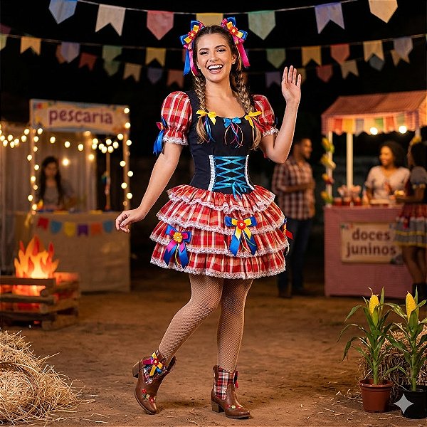 Fantasia Vestido Junino Super Luxo Ingrid Trançado Adulto - SOMENTE ALUGUEL