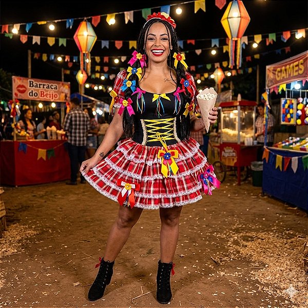 Vestido Junino Super Luxo Larissa Trançado Adulto - SOMENTE ALUGUEL