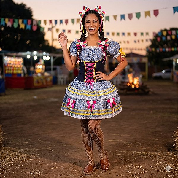 Fantasia Vestido Junino Super Luxo Laura Trançado Adulto - SOMENTE ALUGUEL