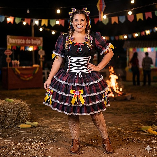 Fantasia Vestido Junino Super Luxo Lorena Trançado Adulto - SOMENTE ALUGUEL