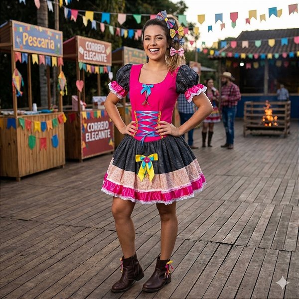 Fantasia Vestido Junino Super Luxo Marcela Trançado Adulto - SOMENTE ALUGUEL
