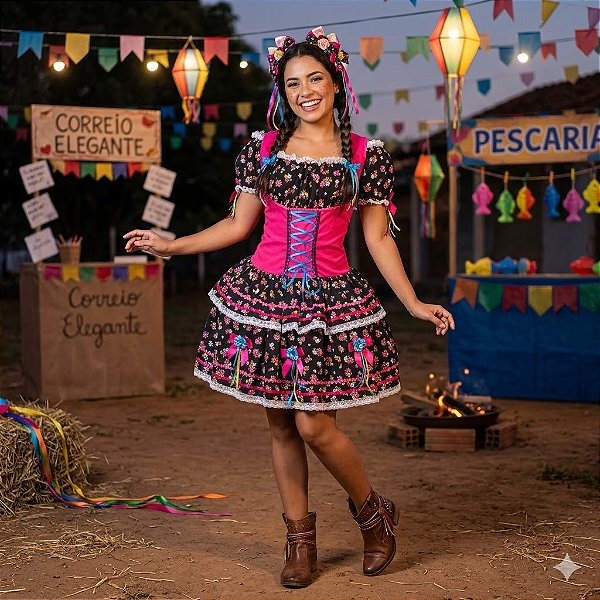 Fantasia Vestido Junino Super Luxo Sophia Trançado Adulto - SOMENTE ALUGUEL