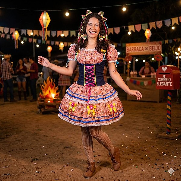 Fantasia Vestido Junino Super Luxo Vitória Trançado Adulto - SOMENTE ALUGUEL