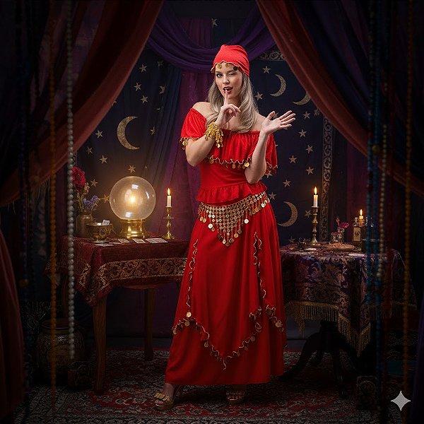 Fantasia Cigana Conjunto Babados Adulto - SOMENTE ALUGUEL