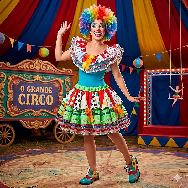 Fantasia Palhaça Conjunto Collant com Babados Adulto - SOMENTE ALUGUEL