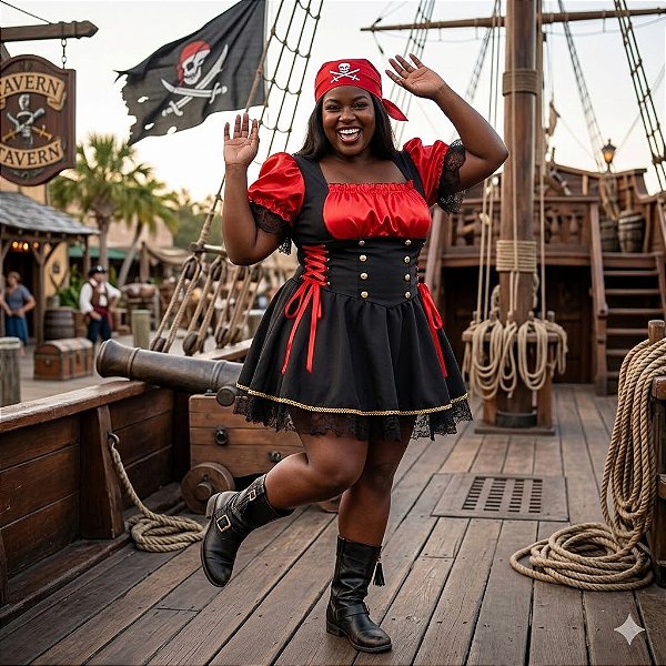 Fantasia Feminina Pirata com Fitas Adulto - SOMENTE ALUGUEL