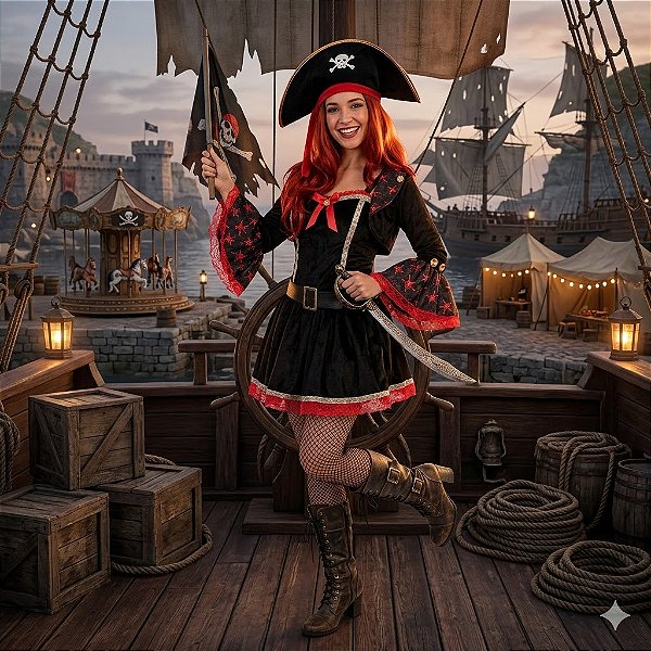Fantasia Feminina Pirata Bolero Preto Adulto - SOMENTE ALUGUEL