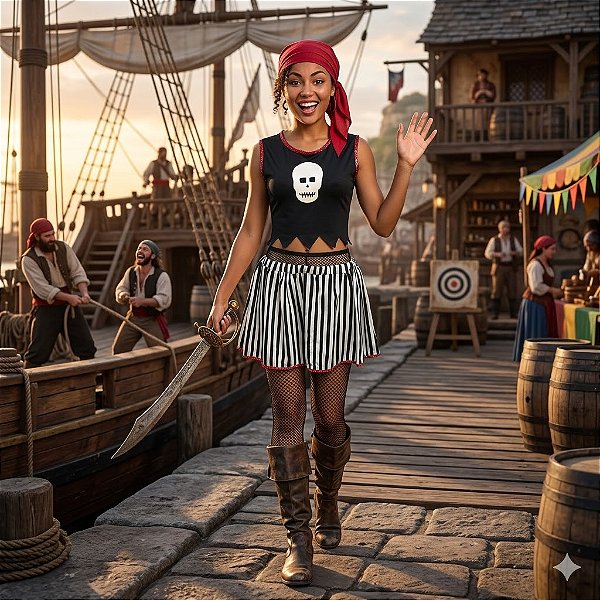 Fantasia Feminina Pirata Regata Caveira Adulto - SOMENTE ALUGUEL