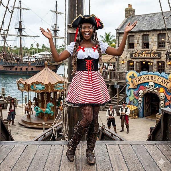 Fantasia Feminina Pirata Corpete Listras Adulto - SOMENTE ALUGUEL