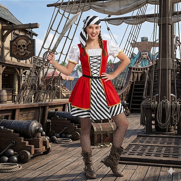 Fantasia Feminina Pirata Juvenil Luxo - SOMENTE ALUGUEL