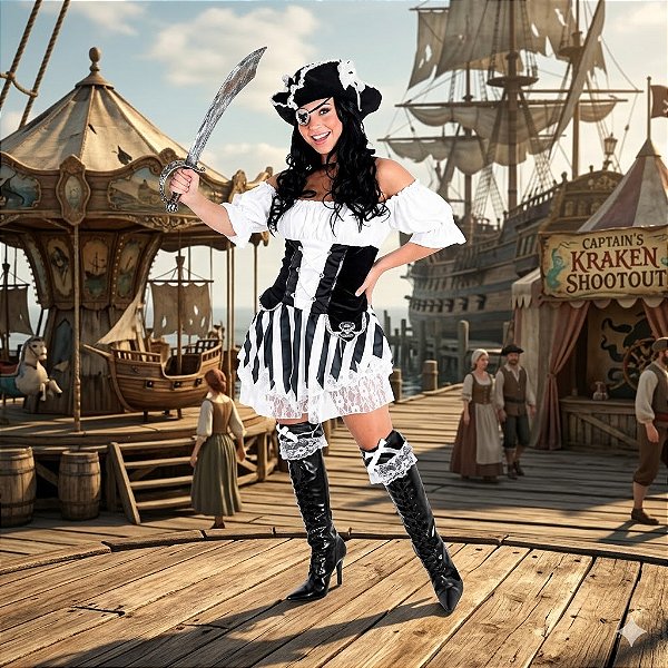 Fantasia Feminina Pirata Listras Luxo Adulto - SOMENTE ALUGUEL