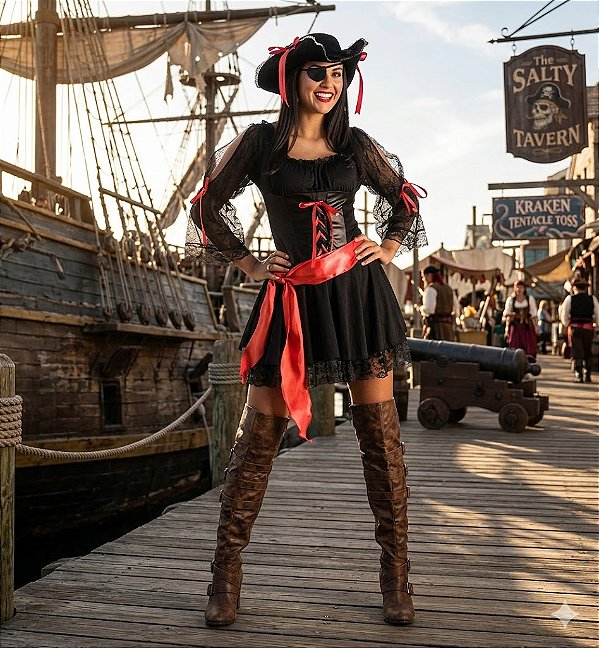 Fantasia Feminina Pirata Negra Trançada Adulto - SOMENTE ALUGUEL