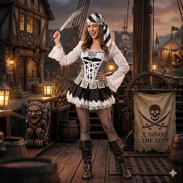 Fantasia Feminina Pirata Prata Luxo Adulto - SOMENTE ALUGUEL