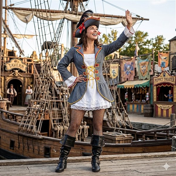 Fantasia Feminina Pirata Sobretudo Cinza Adulto - SOMENTE ALUGUEL