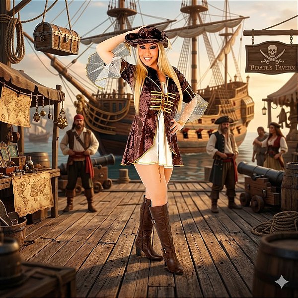 Fantasia Feminina Pirata Sobretudo Marrom Adulto- SOMENTE ALUGUEL