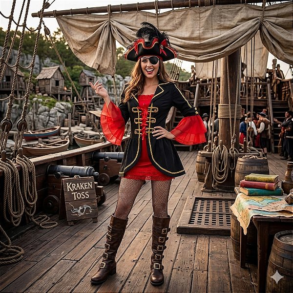 Fantasia Feminina Pirata Sobretudo Preto Adulto - SOMENTE ALUGUEL