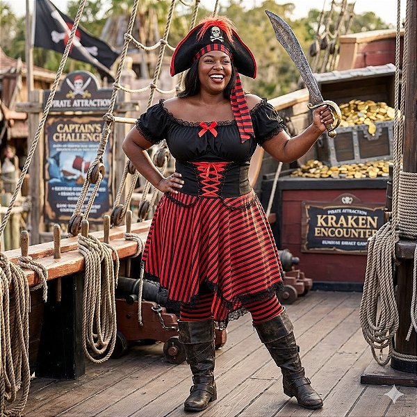 Fantasia Feminina Pirata Vermelha Plus Adulto - SOMENTE ALUGUEL