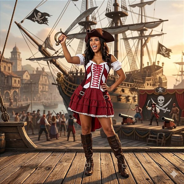 Fantasia Feminina Pirata Chique Vinho Adulto - SOMENTE ALUGUEL