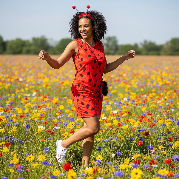 Fantasia Joaninha Vestido Veludo Adulto - SOMENTE ALUGUEL