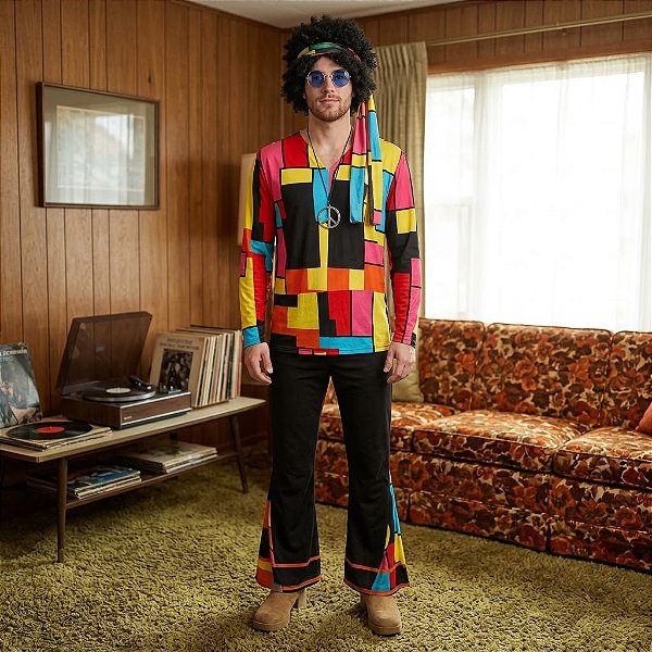 Fantasia Masculina Hippie Quadriculado Adulto - SOMENTE ALUGUEL