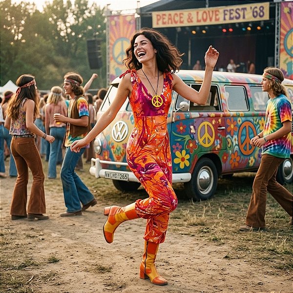 Fantasia Feminina Hippie Macacão Frente Única Adulto - SOMENTE ALUGUEL
