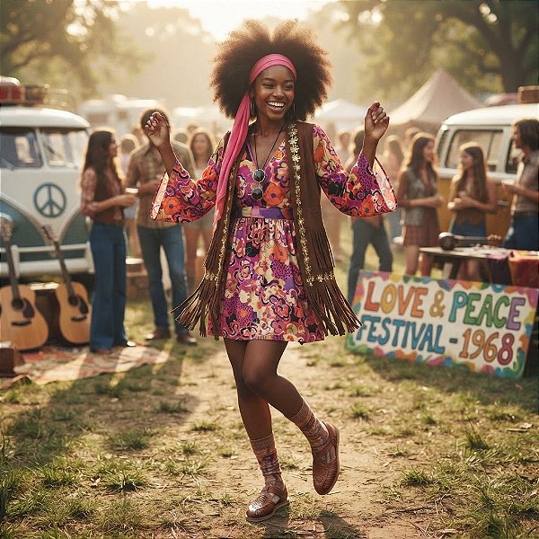 Fantasia Feminina Hippie Vestido com Colete de Veludo Adulto - SOMENTE ALUGUEL