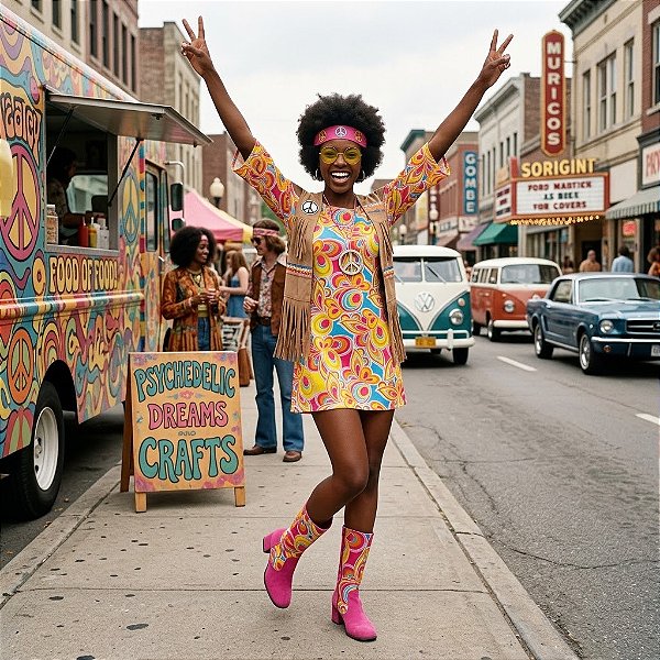Fantasia Feminina Hippie Vestilo Manga Longa Adulto - SOMENTE ALUGUEL