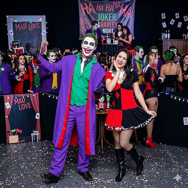 Fantasias Casal Coringa e Arlequina Retrô Adulto - SOMENTE ALUGUEL