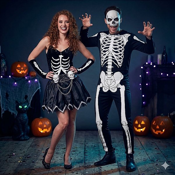 Fantasias Casal Esqueleto Adulto - SOMENTE ALUGUEL